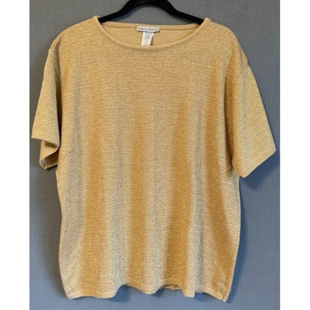 VTG Stephanie Andrews Top Women 2XL Gold Metallic Knit‎ Short Sleeve Crew Neck
